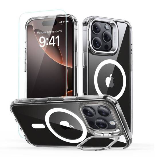 Case with stand + tempered glass IPHONE 16 PRO ESR Classic Hybrid Kickstand Halolock MagSafe & Tempered Glass Clear transparent