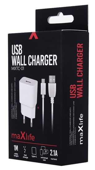 Charger 2.1A Maxlife +cable TYP-C USB-C Fast Charge white