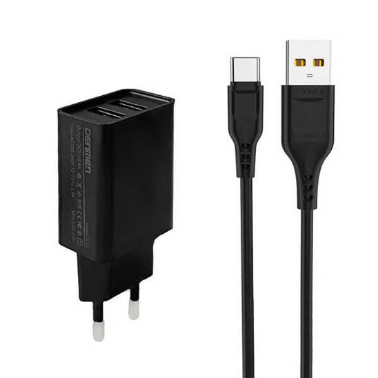 DENMEN 2xUSB 2.1A network charger + USB-C cable black