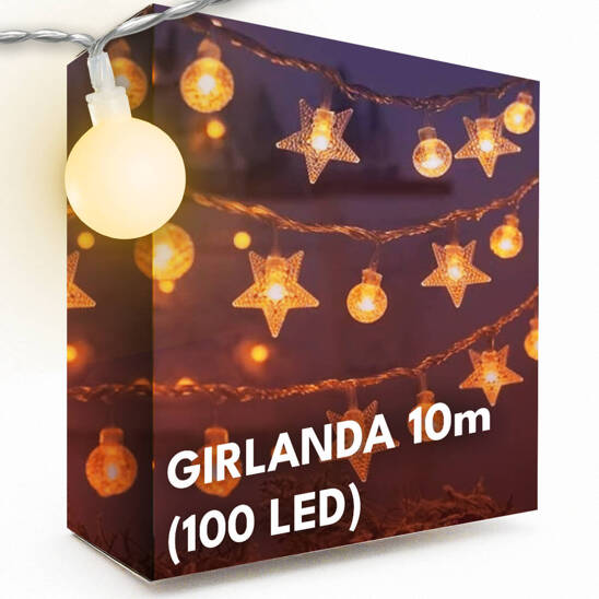 LED Garland 10m (100 LEDs) Stars and Balls Warm White