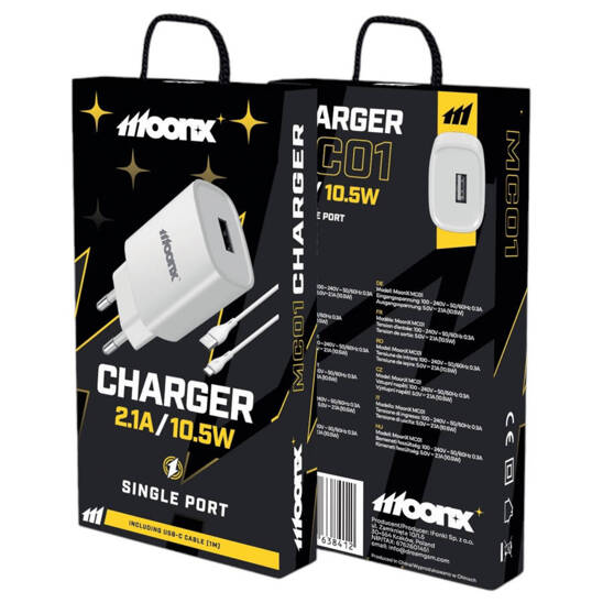 MOONX MC01, USB, 10.5W, 2.1A network charger + USB-C cable white