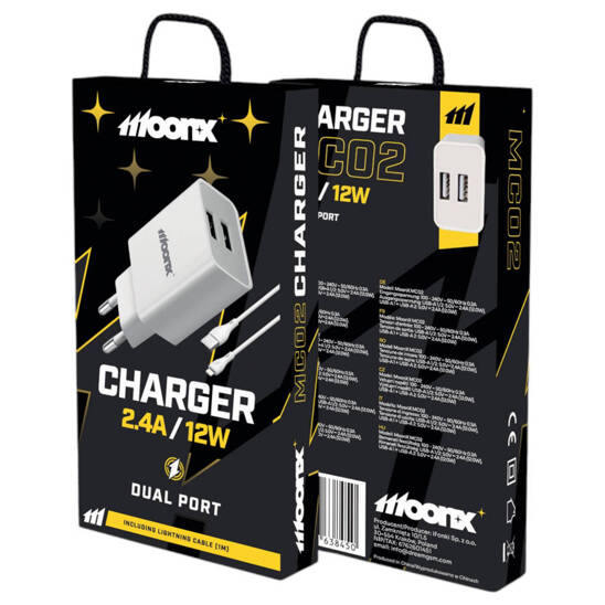 MOONX MC02 network charger, 2xUSB, 12W, 2.4A + Lightning cable white