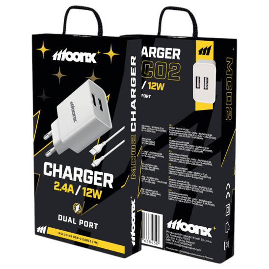 MOONX MC02 network charger, 2xUSB, 12W, 2.4A + USB-C cable white