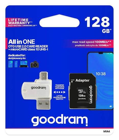 MicroSD UHS card I 128GB GOODRAM + Ad CL10 + USB 2.0 card reader + microUSB B