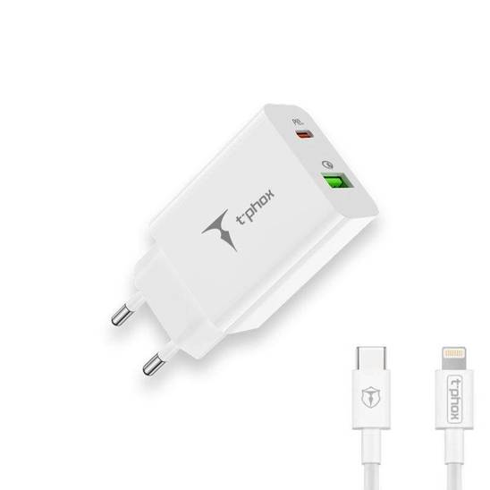 NETWORK T-PHOX SPEEDY USB-C 20W/USB 18W PD QC + LIGHTNING CABLE 1M WHITE/WHITE