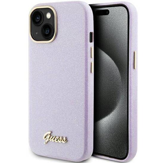 Original Case APPLE IPHONE 15 Guess Hardcase Glitter Glossy Script (GUHCP15SPGMCSL) purple