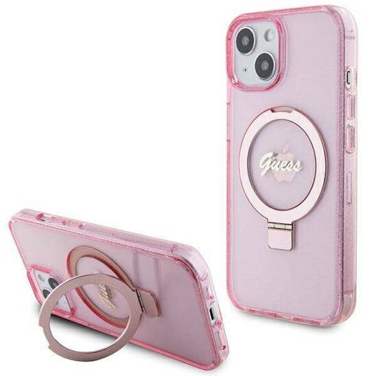 Original Case APPLE IPHONE 15 Guess Hardcase Ring Stand Script Glitter MagSafe (GUHMP15SHRSGSP) pink