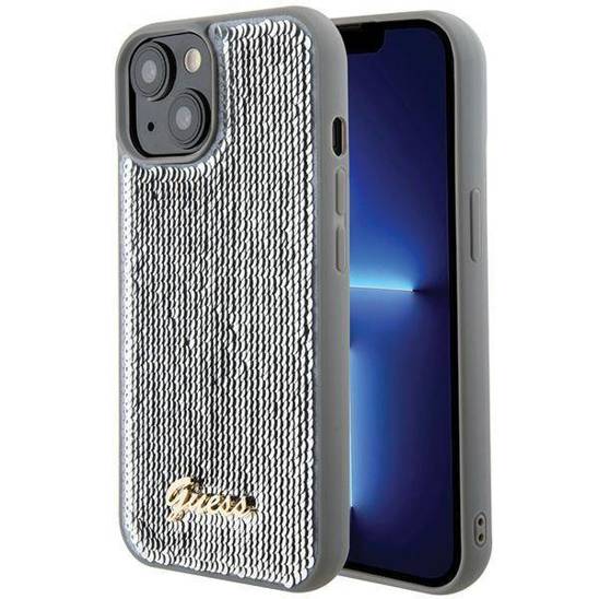 Original Case APPLE IPHONE 15 Guess Hardcase Sequin Script Metal (GUHCP15SPSFDGSS) silver