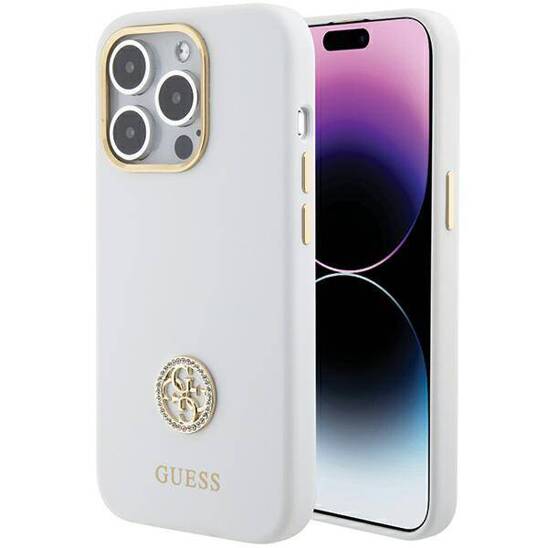 Original Case APPLE IPHONE 15 Guess Hardcase Silicone Logo Strass 4G (GUHCP15SM4DGPH) white