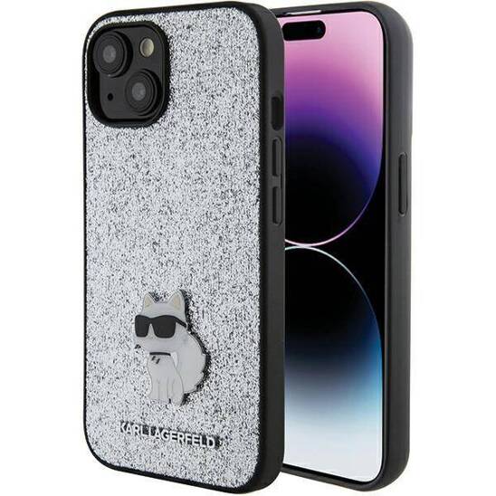 Original Case APPLE IPHONE 15 Karl Lagerfeld Hardcase Fixed Glitter Choupette Logo Metal Pin (KLHCP15SGCNPSG) silver