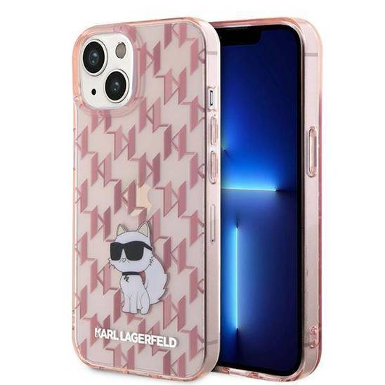 Original Case APPLE IPHONE 15 Karl Lagerfeld Hardcase Monogram Choupette (KLHCP15SHNCMKLP) pink