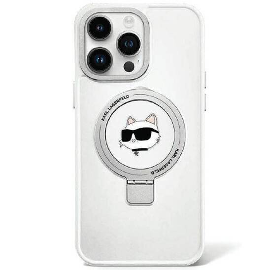 Original Case APPLE IPHONE 15 Karl Lagerfeld Hardcase Ring Stand Choupette Head MagSafe (KLHMP15SHMRSCHH) white