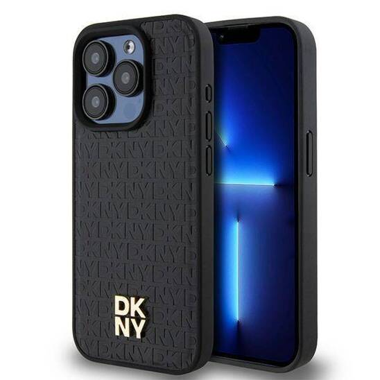 Original Case APPLE IPHONE 15 PRO DKNY Hardcase Leather Pattern Monogram Metal Logo MagSafe (DKHMP15LPSHRPSK) black