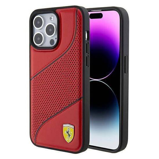 Original Case APPLE IPHONE 15 PRO Ferrari Hardcase Perforated Waves Metal Logo (FEHCP15LPWAR) red