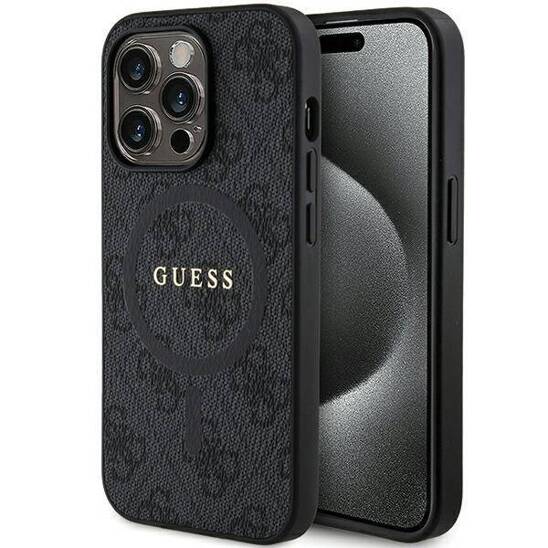 Original Case APPLE IPHONE 15 PRO Guess Hardcase 4G Collection Leather Metal Logo MagSafe (GUHMP15LG4GFRK) black