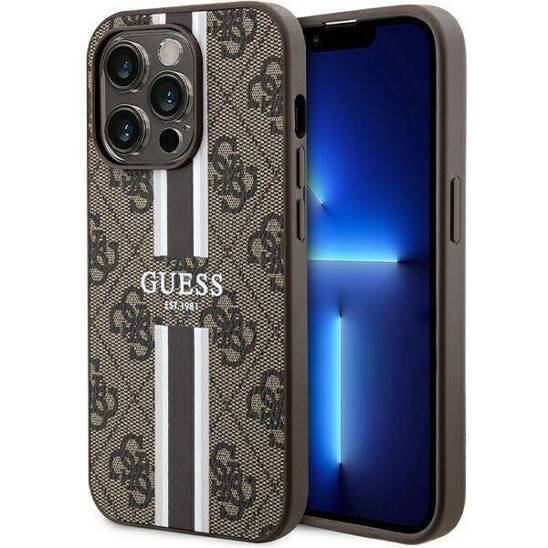 Original Case APPLE IPHONE 15 PRO Guess Hardcase 4G Printed Stripes MagSafe (GUHMP15LP4RPSW) brown