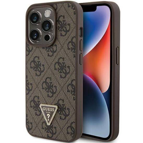 Original Case APPLE IPHONE 15 PRO Guess Hardcase Leather 4G Triangle Strass (GUHCP15LP4TDPW) brown