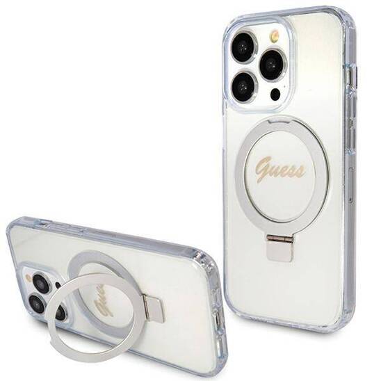 Original Case APPLE IPHONE 15 PRO Guess Hardcase Ring Stand Script Glitter MagSafe (GUHMP15LHRSGSD) transparent