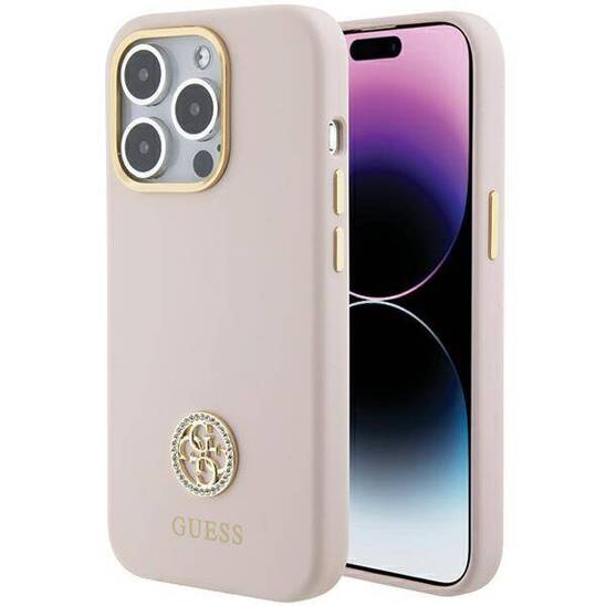 Original Case APPLE IPHONE 15 PRO Guess Hardcase Silicone Logo Strass 4G (GUHCP15LM4DGPP) light pink