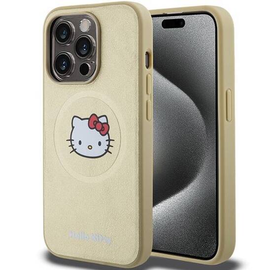 Original Case APPLE IPHONE 15 PRO Hello Kitty Hardcase Leather Kitty Head MagSafe (HKHMP15LPGHCKD) gold