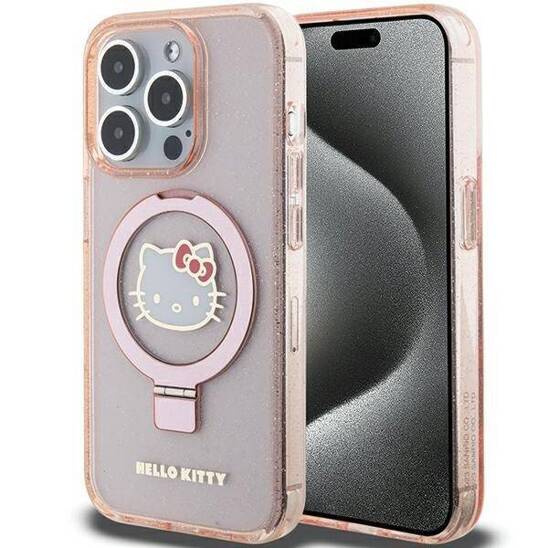 Original Case APPLE IPHONE 15 PRO Hello Kitty Hardcase Ring Stand Glitter Electrop Logo MagSafe (HKHMP15LHRSGEP) pink