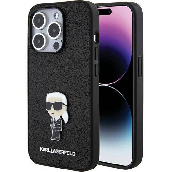 Original Case APPLE IPHONE 15 PRO Karl Lagerfeld Hardcase Fixed Glitter Ikonik Logo Metal Pin (KLHCP15LGKNPSK) black