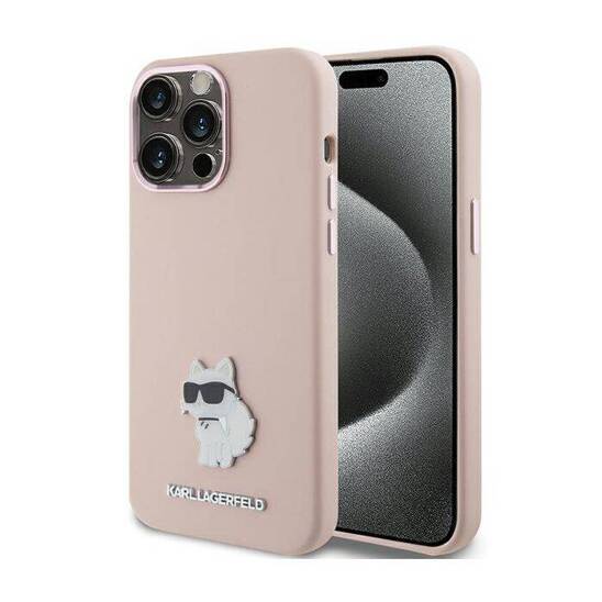 Original Case APPLE IPHONE 15 PRO Karl Lagerfeld Silicone Choupette Metal Pin (KLHCP15LSMHCNPP) pink