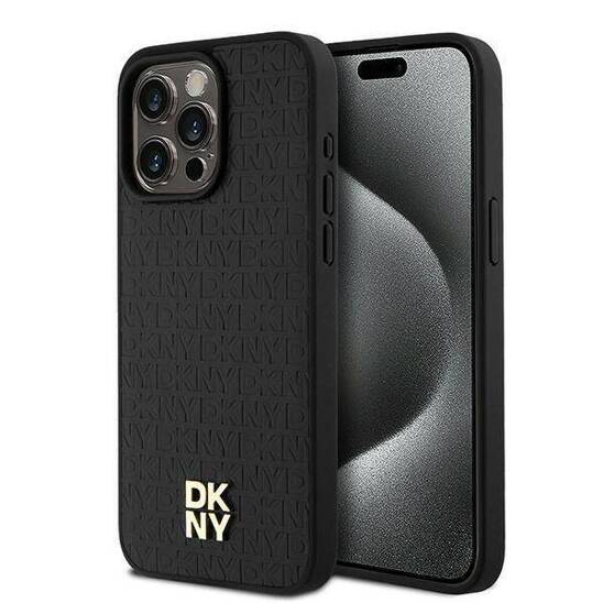 Original Case APPLE IPHONE 15 PRO MAX DKNY Hardcase Leather Monogram Pattern Metal Logo MagSafe (DKHMP15XPSHRPSK) black