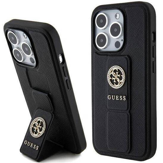 Original Case APPLE IPHONE 15 PRO MAX Guess Hardcase Grip Stand 4G Saffiano Strass (GUHCP15XPGSSADK) black