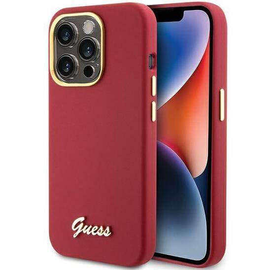 Original Case APPLE IPHONE 15 PRO MAX Guess Hardcase Silicone Script Metal Logo & Frame (GUHCP15XSMBSLM) red