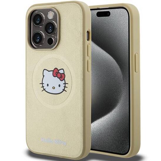 Original Case APPLE IPHONE 15 PRO MAX Hello Kitty Hardcase Leather Kitty Head MagSafe (HKHMP15XPGHCKD) gold