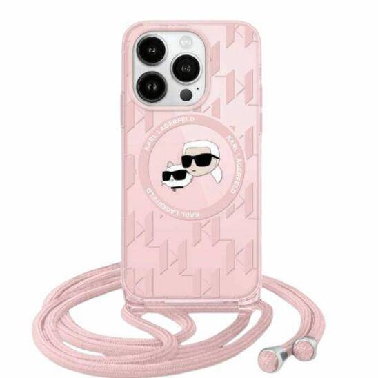 Original Case APPLE IPHONE 15 PRO MAX Karl Lagerfeld Hardcase IML Crossbody Monogram Karl & Choupette Head MagSafe (KLHMP15XHCKCKLCP) pink