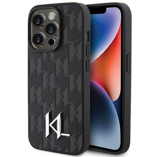 Original Case APPLE IPHONE 15 PRO MAX Karl Lagerfeld Hardcase Leather Monogram Hot Stamp Metal Logo (KLHCP15XPKLPKLK) black