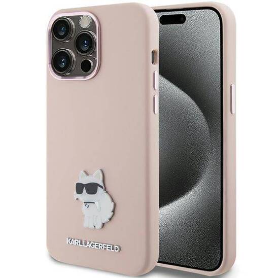 Original Case APPLE IPHONE 15 PRO MAX Karl Lagerfeld Silicone Choupette Metal Pin (KLHCP15XSMHCNPP) pink