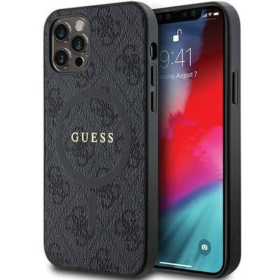 Original Case IPHONE 12 / 12 PRO Guess Hardcase 4G Collection Leather Metal Logo MagSafe (GUHMP12MG4GFRK) black