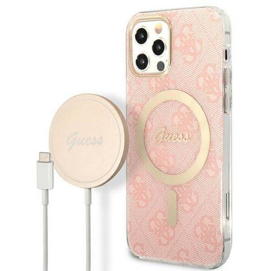 Original Case IPHONE 12 / 12 PRO Guess Hardcase 4G Print MagSafe + Wireless Charger (GUBPP12MH4EACSP) pink