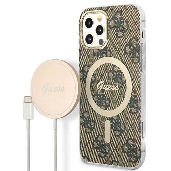 Original Case IPHONE 12 / 12 PRO Guess Hardcase 4G Print MagSafe + Wireless Charger (GUBPP13XH4EACSP) brown