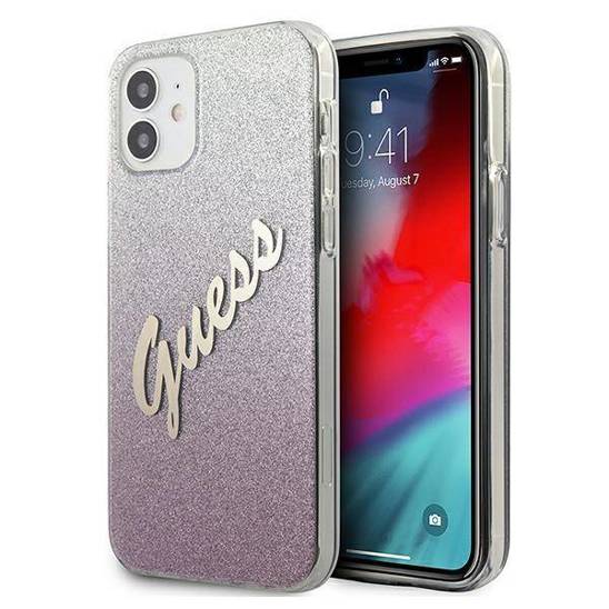 Original Case IPHONE 12 MINI Guess Hardcase Glitter Gradient Script (GUHCP12SPCUGLSPI) pink