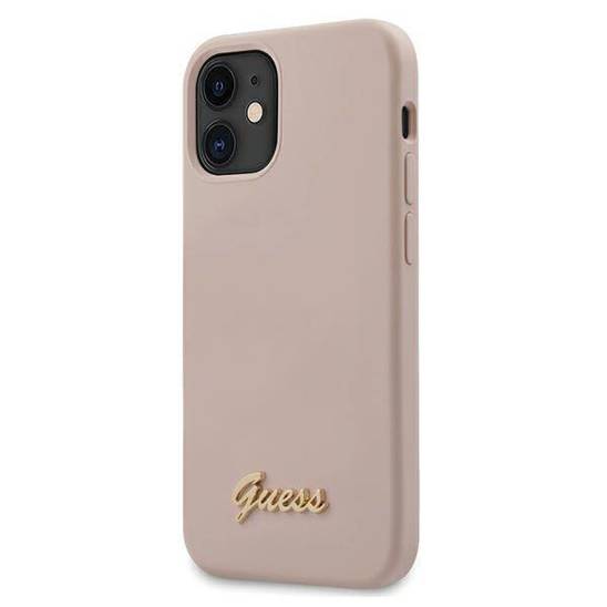 Original Case IPHONE 12 MINI Guess Hardcase Silicone Script Gold Logo (GUHCP12SLSLMGLP) light pink