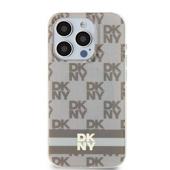 Original Case IPHONE 13 / 14 / 15 DKNY Hardcase IML Checkered Mono Pattern & Printed Stripes MagSafe (DKHMP15SHCPTSE) beige