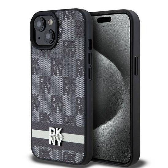 Original Case IPHONE 13 / 14 / 15 DKNY Hardcase Leather Checkered Mono Pattern & Printed Stripes (DKHCP15SPCPTSSK) black