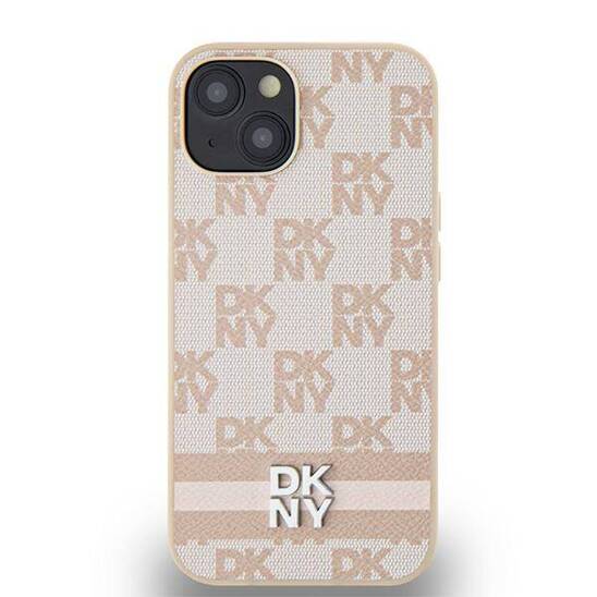 Original Case IPHONE 13 / 14 / 15 DKNY Hardcase Leather Checkered Mono Pattern & Printed Stripes (DKHCP15SPCPTSSP) pink