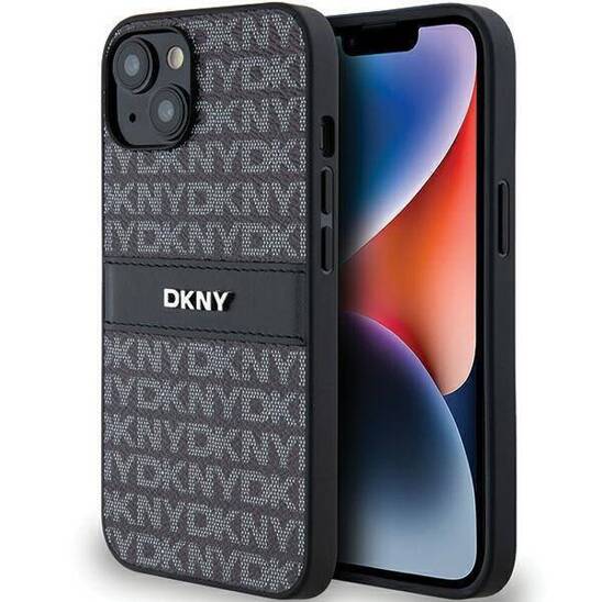 Original Case IPHONE 13 / 14 / 15 DKNY Hardcase Leather Mono Stripe & Metal Logo (DKHCP14SPRTHSLK) black