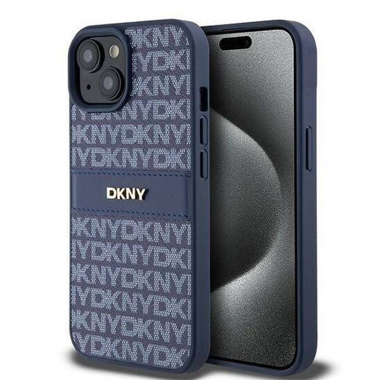 Original Case IPHONE 13 / 14 / 15 DKNY Hardcase Leather Mono Stripe & Metal Logo (DKHCP15SPRTHSLB) blue