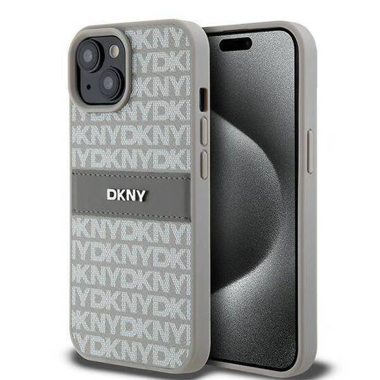 Original Case IPHONE 13 / 14 / 15 DKNY Hardcase Leather Mono Stripe & Metal Logo (DKHCP15SPRTHSLE) beige