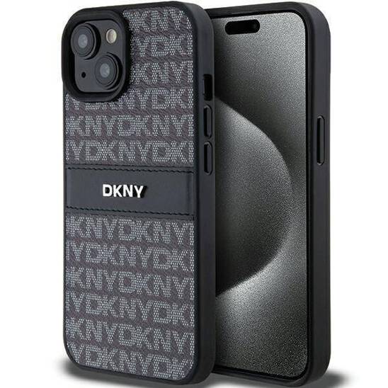 Original Case IPHONE 13 / 14 / 15 DKNY Hardcase Leather Mono Stripe & Metal Logo (DKHCP15SPRTHSLK) black