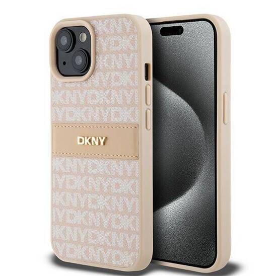 Original Case IPHONE 13 / 14 / 15 DKNY Hardcase Leather Mono Stripe & Metal Logo (DKHCP15SPRTHSLP) pink