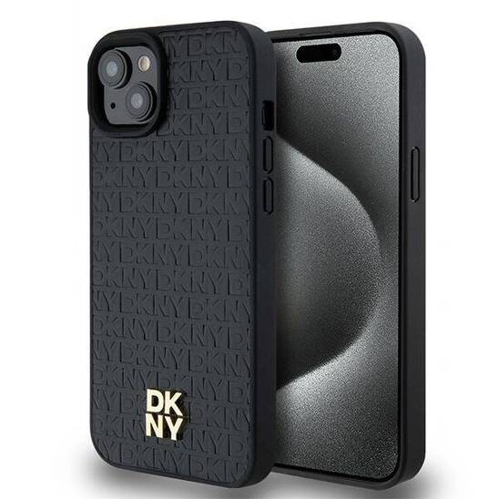 Original Case IPHONE 13 / 14 / 15 DKNY Hardcase Leather Pattern Metal Logo MagSafe (DKHMP15SPSHRPSK) black