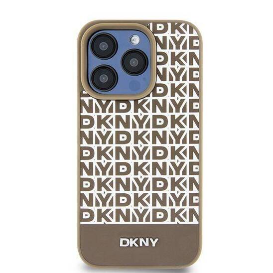 Original Case IPHONE 13 / 14 / 15 DKNY Hardcase Leather Printed Pattern Metal Logo MagSafe (DKHMP15SPSOSPW) brown