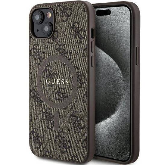 Original Case IPHONE 13 / 14 / 15 Guess Hardcase 4G Collection Leather Metal Logo MagSafe (GUHMP14SG4GFRW) brown